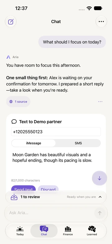 Aria iPhone conversation using synthetic example data.