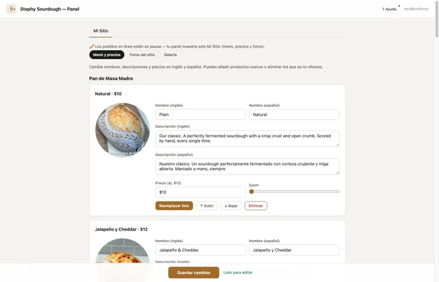 Stephy admin panel showing bilingual product descriptions, pricing, and photo controls using seeded demo products.