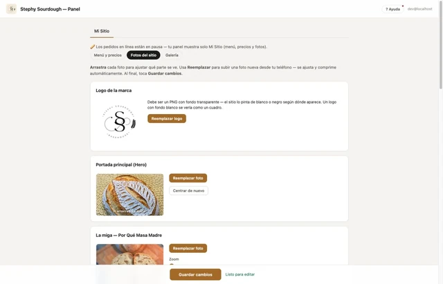 Stephy admin panel showing website photo replacement, crop, and zoom controls in the local demo.