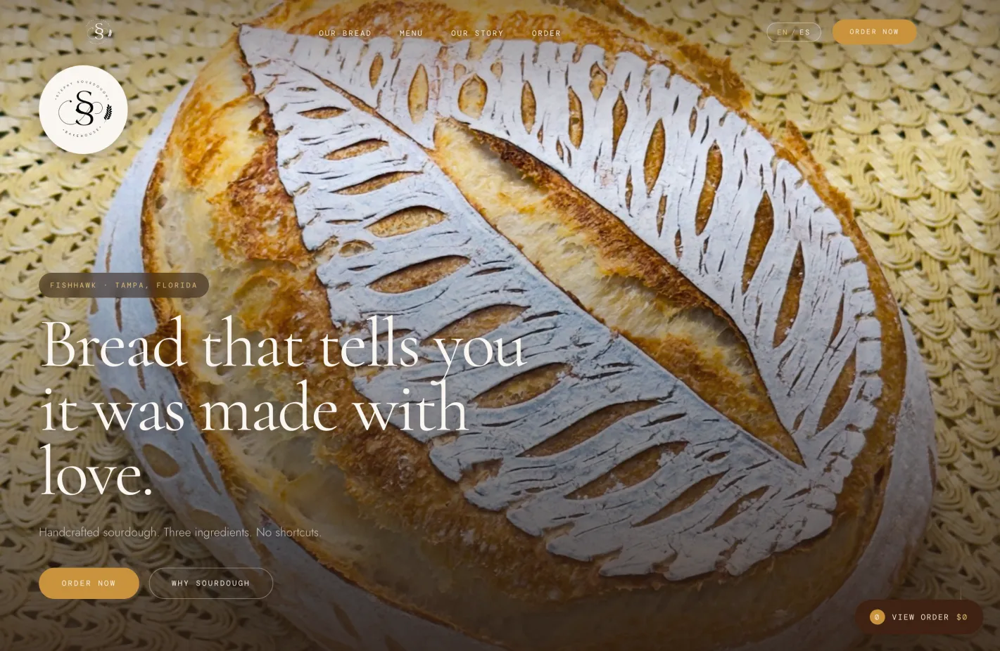 Stephy Sourdough Bakehouse storefront homepage — hero loaf with an order call-to-action